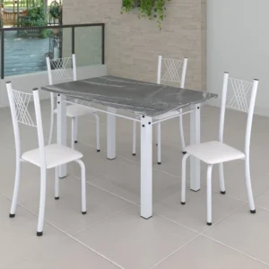 Conjunto de Jantar Mesa 120x75cm Tampo de Granito Topázio com 4 Cadeiras Sara Yescasa Branco/Branco