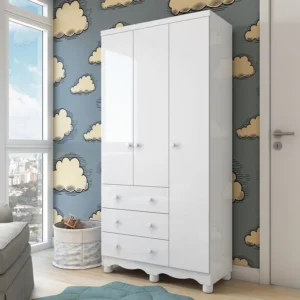 Guarda Roupa Infantil 3 Portas e 3 Gavetas 100% MDF Mimo Branco/Brilho