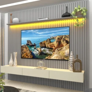 Painel para TV até 90 Polegadas Ripado com LED 3 Gavetas 230cm 100% MDF Nobre Cinza/Off White