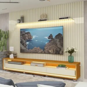 Rack com Painel para Tv até 90 Polegadas Led 3 Gavetas com Rodízios 260cm Nobre/requinte 100% MDF Off White/Naturale
