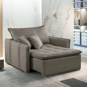 Poltrona Cama em Madeira Eucalipto 110 cm Detroid Yescasa Veludo Bege/Escuro