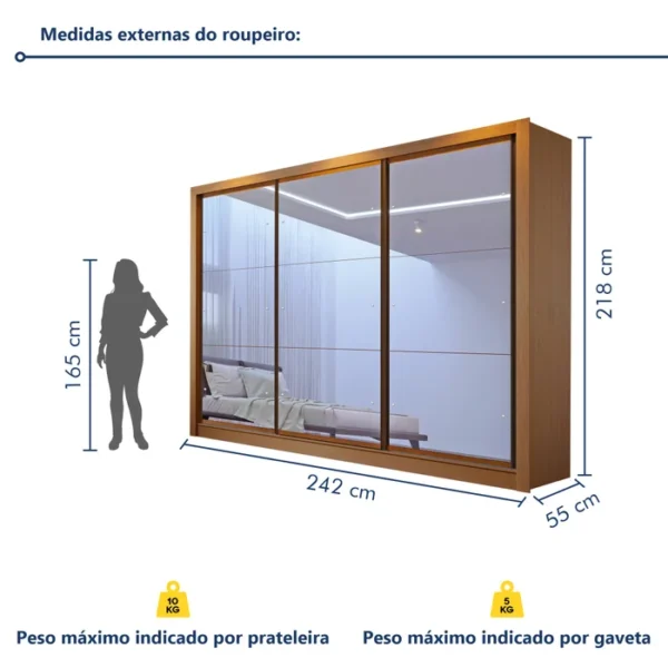 Guarda Roupa Casal Premium Lux 242cm com Espelho 3 Portas 6 Gavetas Espresso Móveis Carvalho - Imagem 4