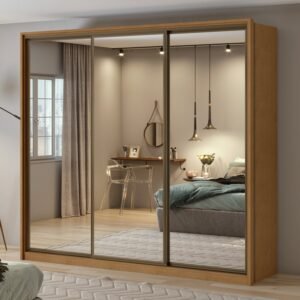 Guarda Roupa Casal com Espelhos 3 Portas de Correr 6 Gavetas 245cm Spazio Super Glass Móveis Lopas 