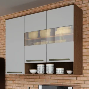 Armário Aéreo de Cozinha 120cm com 3 Portas Vidro Reflecta e Nicho 100% MDF Itália