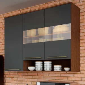 Armário Aéreo de Cozinha 120cm com 3 Portas Vidro Reflecta e Nicho 100% MDF