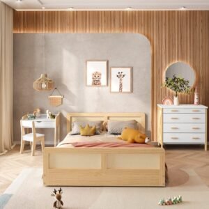 Cama Infantil Montessoriano Casal Lift em Madeira Maciça com Rattan