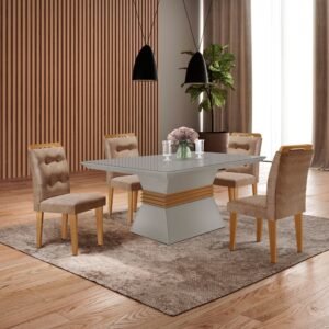 Conjunto Sala de Jantar Mesa Clarice 120x80cm Tampo Vidro/mdf Canto Reto com 4 Cadeiras Valentina