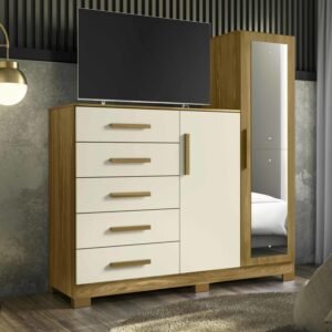 Cômoda para Quarto 5 Gavetas e 2 Portas com Espelho New Master