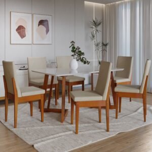 Conjunto Mesa Com Vidro Pés Madeira Maciça 6 Cadeiras Madeira Dakota Tecido A40