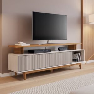 Rack para TV até 75 Polegadas com Pés de Madeira Maciça e Porta Basculante