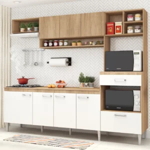 Cozinha Compacta Modulada com Tampo 8 Portas 1 Gaveta Inova Yescasa Carvalho/Branco