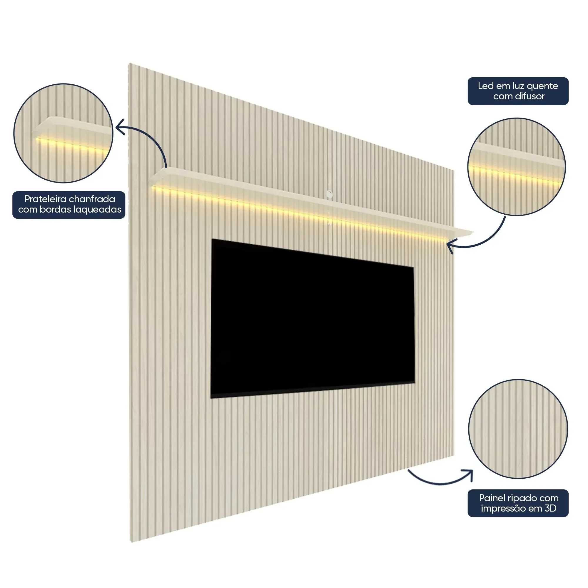 Rack com Painel Ripado para TV até 90 Polegadas com LED 100% MDF 224cmx250,5cm Impressão Ripada com Rodízios Requinte - Imagem 6