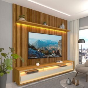 Rack com Painel Ripado para TV até 90 Polegadas com LED 100% MDF 224cmx250,5cm Impressão Ripada com Rodízios Requinte