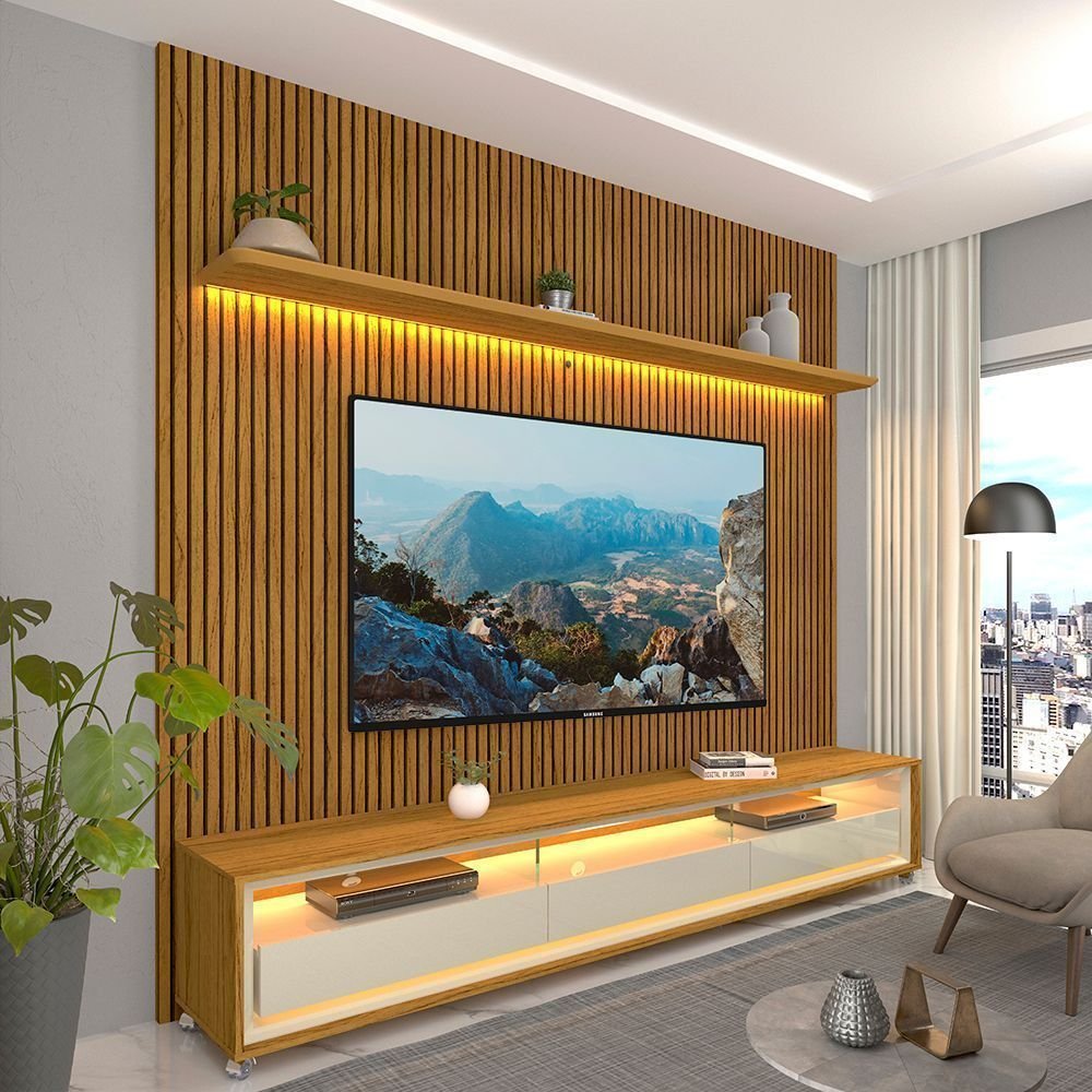 Rack com Painel Ripado para TV até 90 Polegadas com LED 100% MDF 224cmx250,5cm Impressão Ripada com Rodízios Requinte