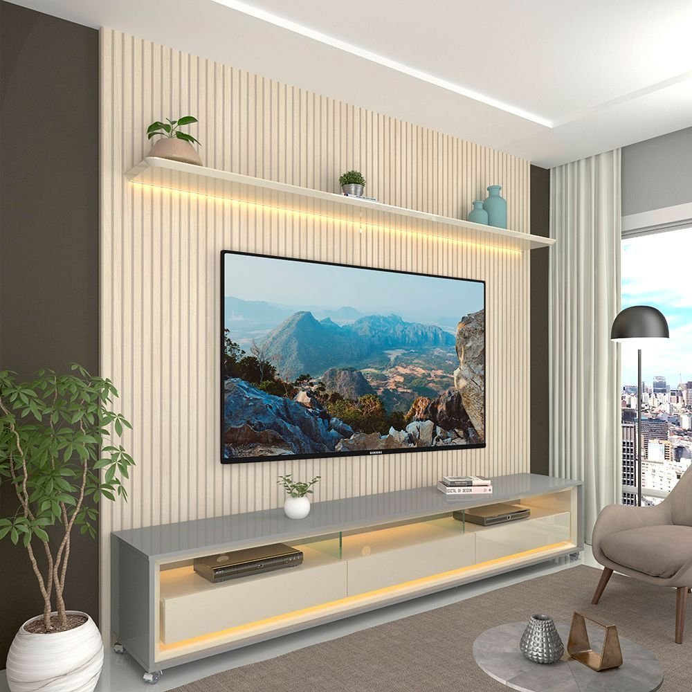 Rack com Painel Ripado para TV até 90 Polegadas com LED 100% MDF 224cmx250,5cm Impressão Ripada com Rodízios Requinte
