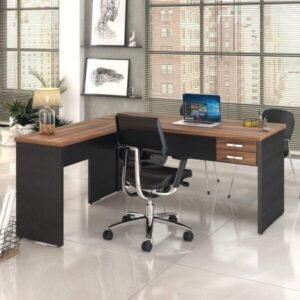 Escrivaninha Mesa Escritório em L com Work30 2 Gavetas 160cm Nogal E Preto Ônix