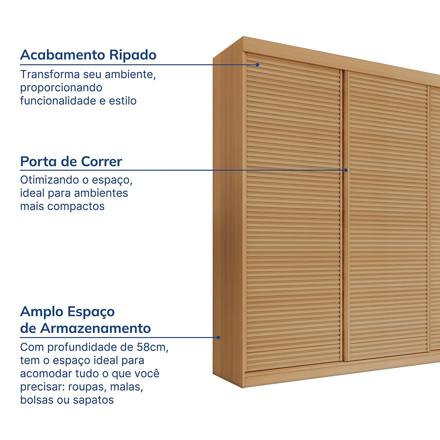 Guarda-roupa Casal 3 Portas de Correr Ripadas - Imagem 3