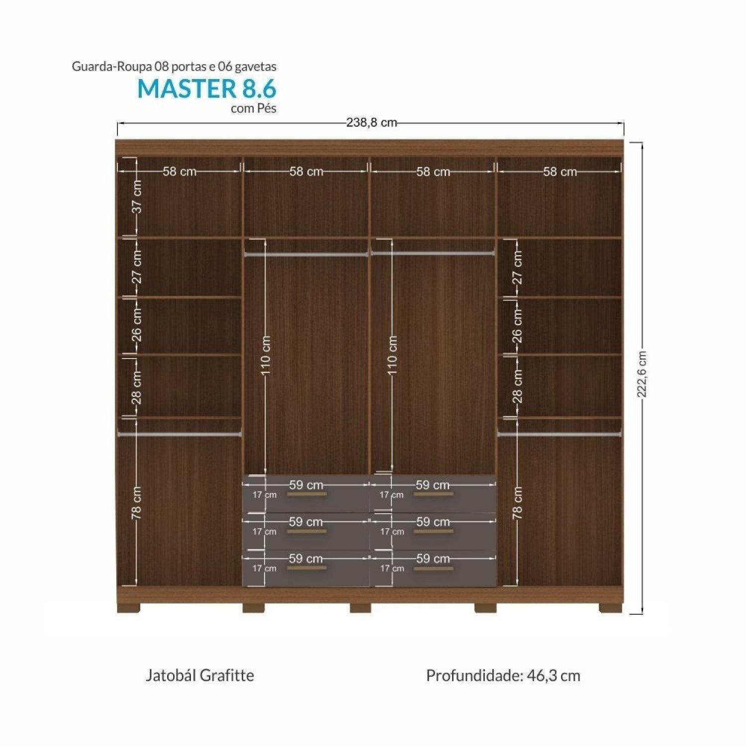 Guarda Roupa Casal com Espelho e Pés 8 Portas e 6 Gavetas Master - Imagem 4