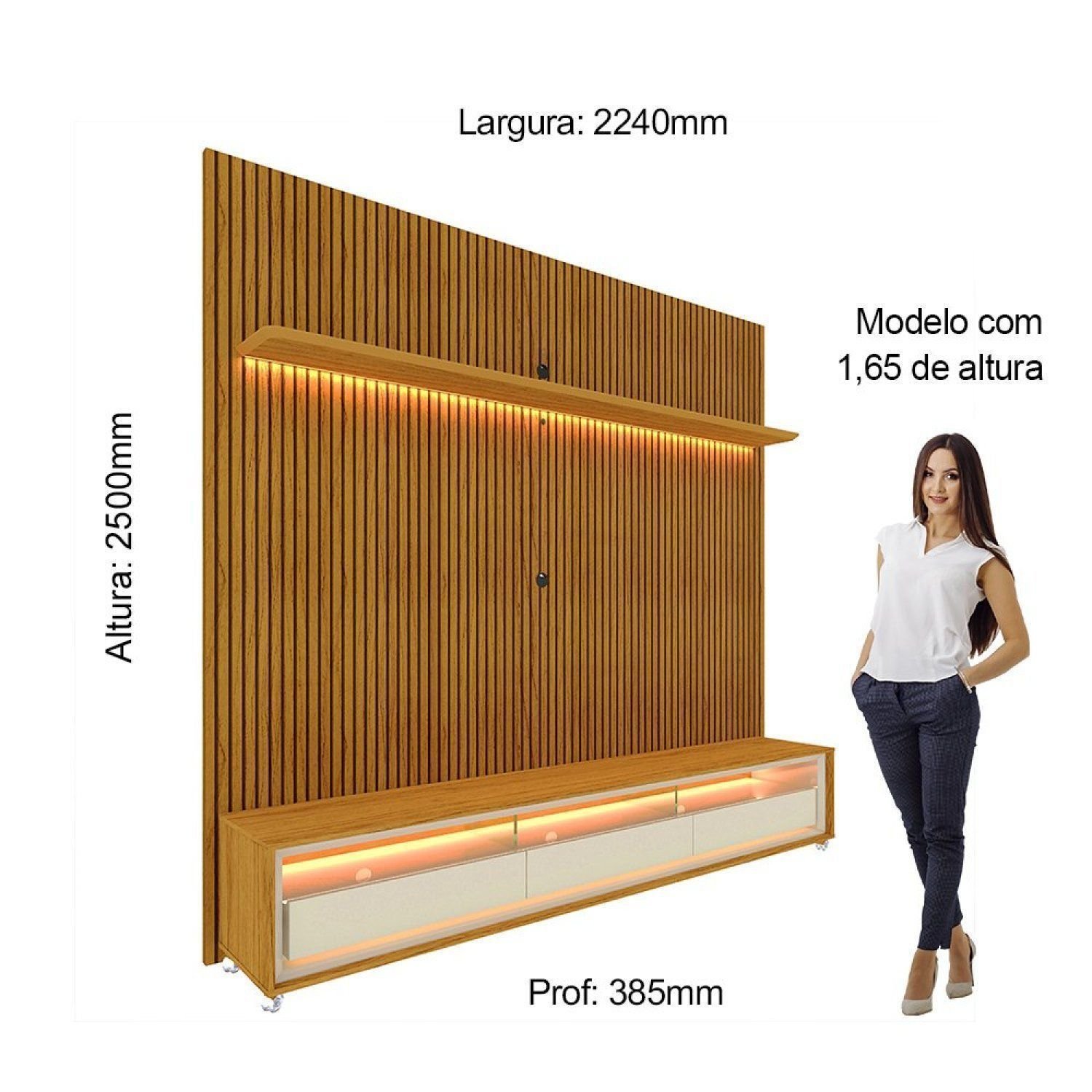 Rack com Painel Ripado para TV até 90 Polegadas com LED 100% MDF 224cmx250,5cm Impressão Ripada com Rodízios Requinte - Imagem 5