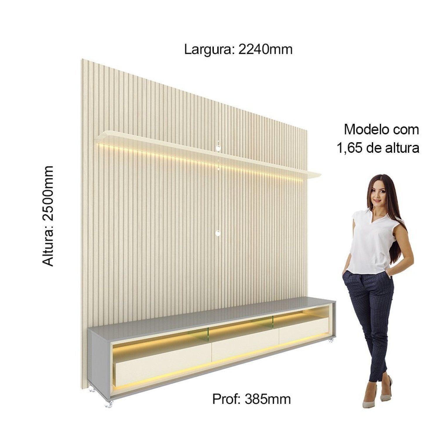 Rack com Painel Ripado para TV até 90 Polegadas com LED 100% MDF 224cmx250,5cm Impressão Ripada com Rodízios Requinte - Imagem 5
