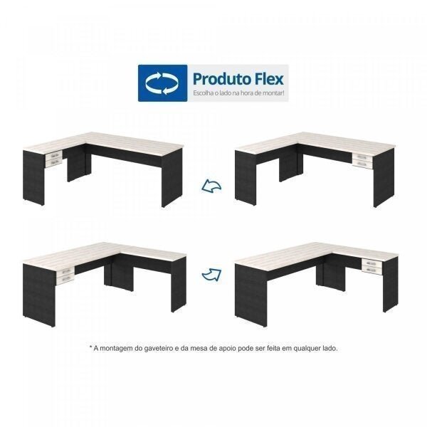 Escrivaninha Mesa Escritório em L com Work30 2 Gavetas 160cm Nogal E Preto Ônix - Imagem 5