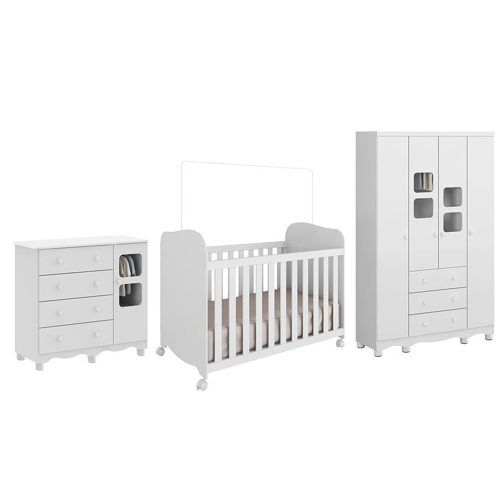 Quarto de Bebê Completo com Guarda Roupa 4 Portas com Janelas Cômoda e Berço 100% MDF Mimo Espresso Móveis - Imagem 2