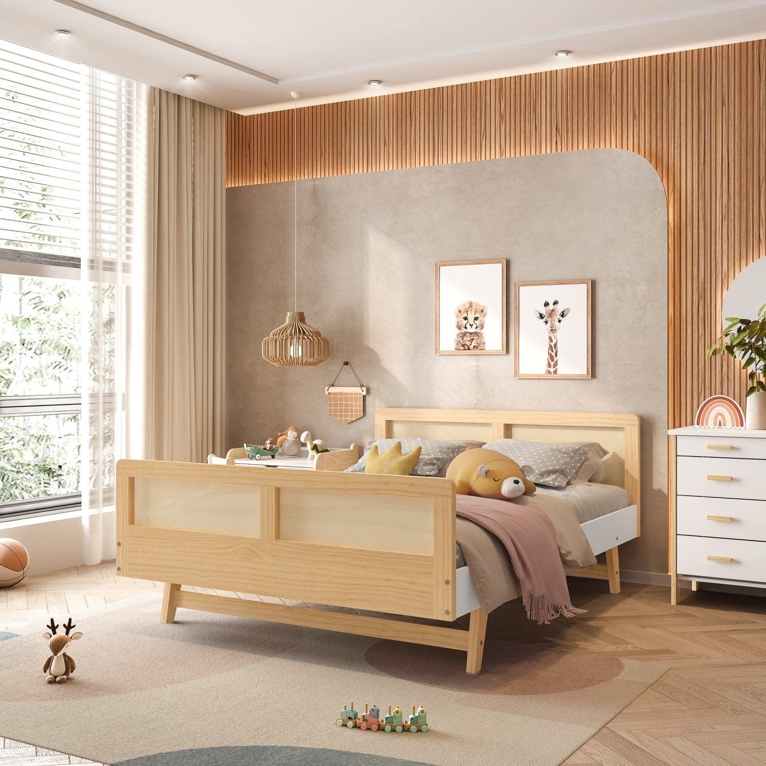 Cama Infantil Montessoriano Casal Lift em Madeira Maciça com Rattan Casatema