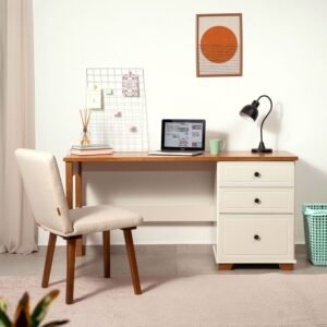 Escrivaninha Mesa Escritório Pinus 3 Gavetas 150cm Off-White E Mel