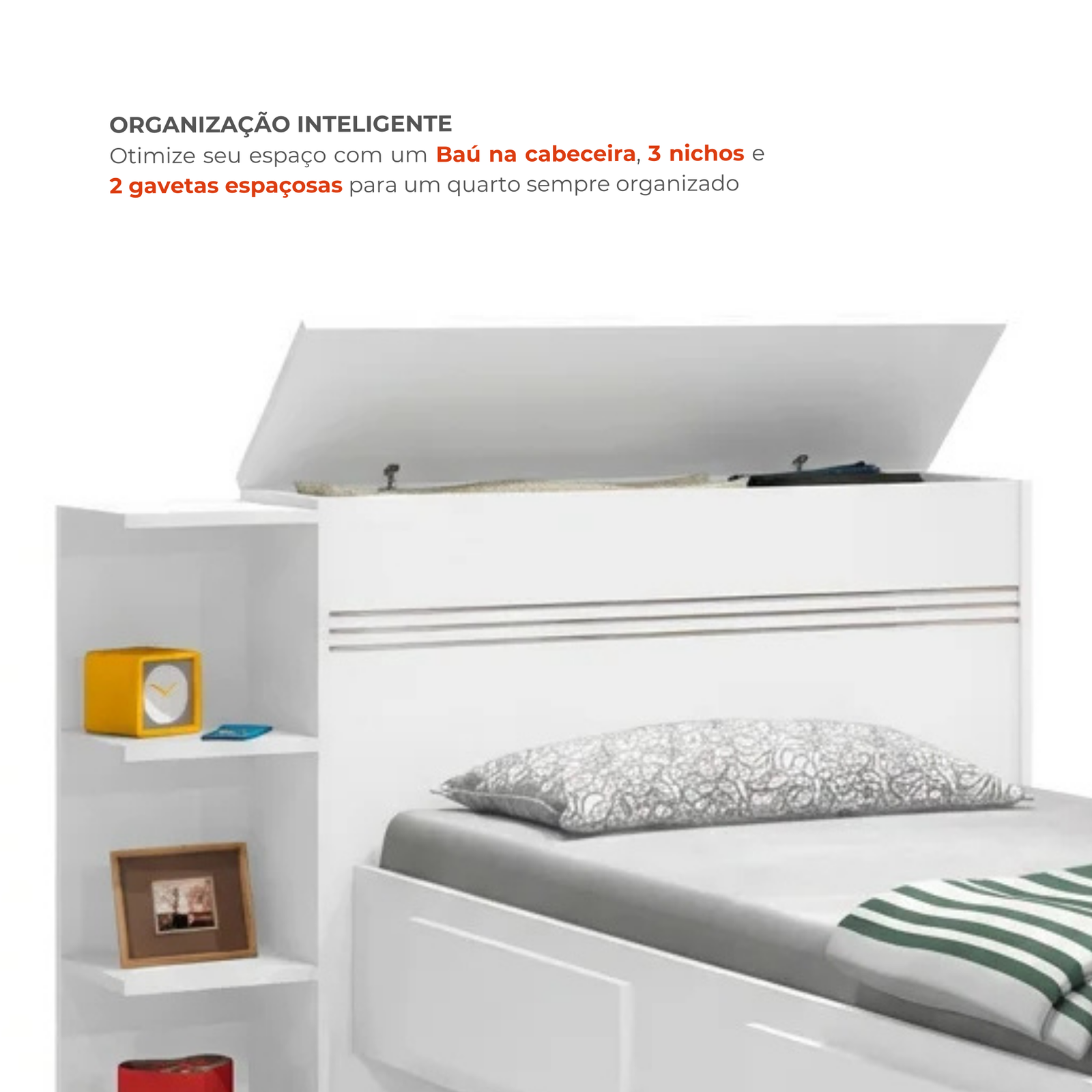 Bicama Solteiro com Baú, 2 Gavetas e Cama Auxiliar Jade Branco - Imagem 6