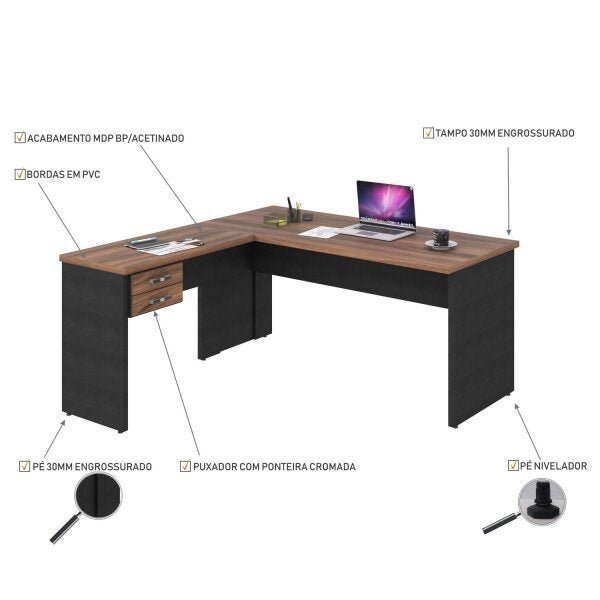 Escrivaninha Mesa Escritório em L com Work30 2 Gavetas 160cm Nogal E Preto Ônix - Imagem 4