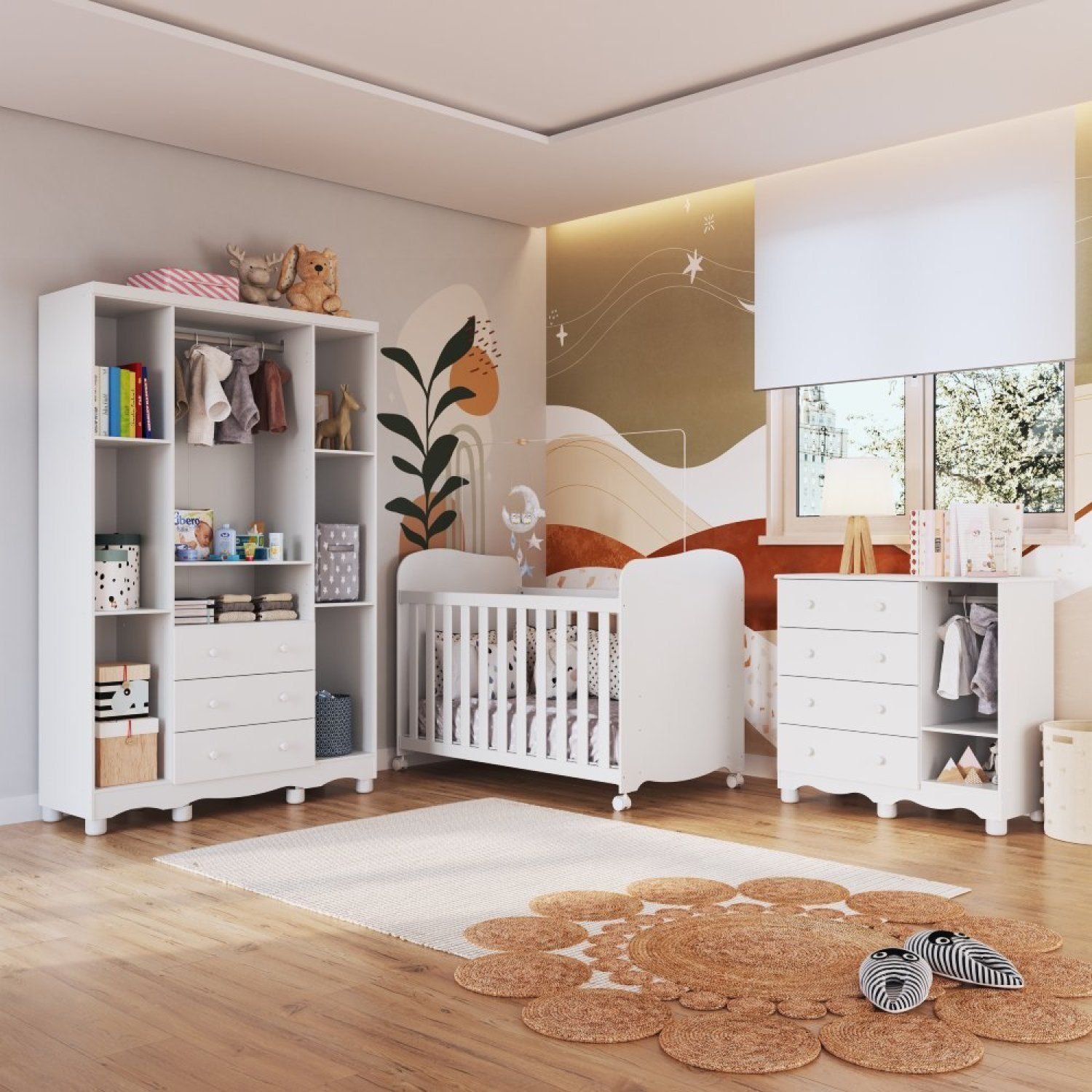 Quarto de Bebê Completo com Guarda Roupa 4 Portas com Janelas Cômoda e Berço 100% MDF Mimo Espresso Móveis - Imagem 3