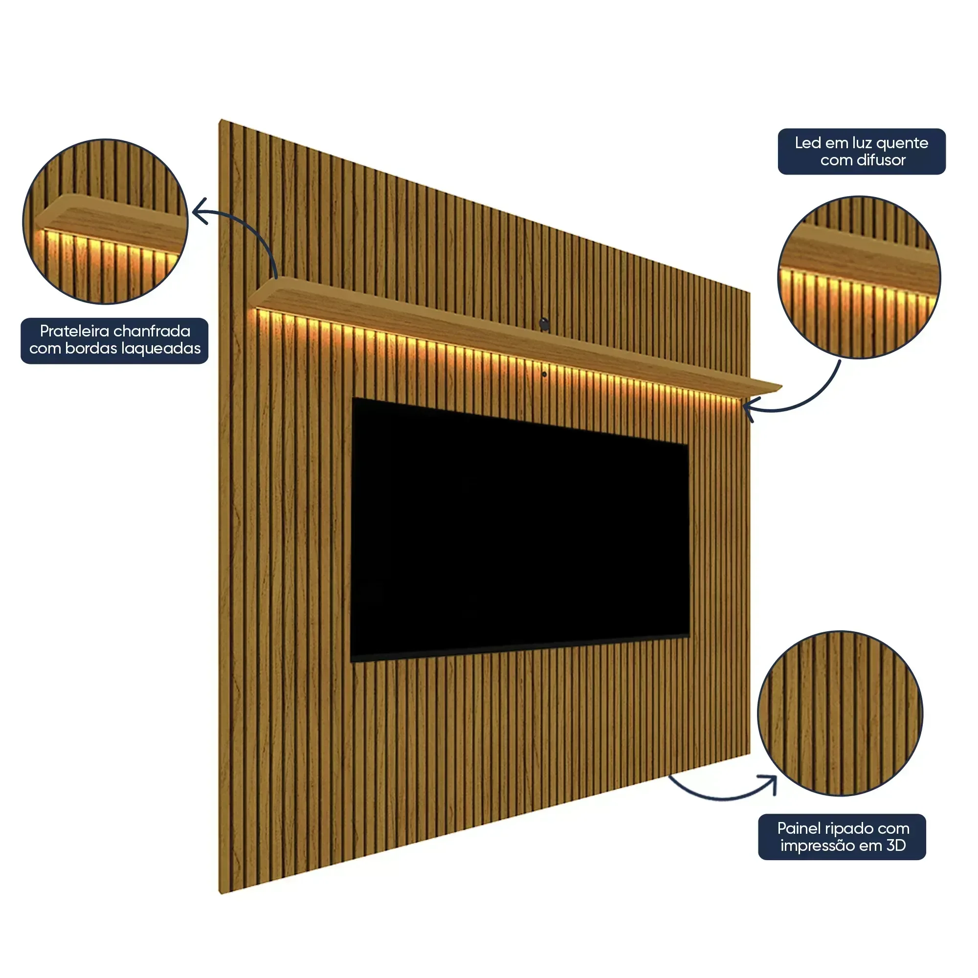 Rack com Painel Ripado para TV até 90 Polegadas com LED 100% MDF 224cmx250,5cm Impressão Ripada com Rodízios Requinte - Imagem 6