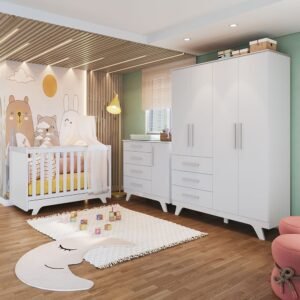 Quarto de Bebê Completo com Guarda Roupa, Cômoda e Berço 100% MDF Jolie Retrô