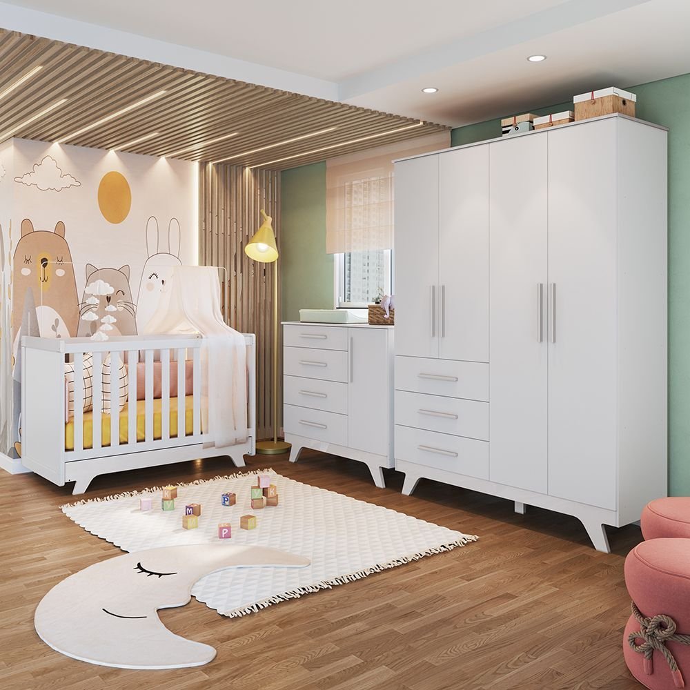 Quarto de Bebê Completo com Guarda Roupa, Cômoda e Berço 100% MDF Jolie Retrô